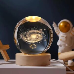 One94Store 3D Galaxy Crystal Ball Night Lamp - Engraved USB Table LED Wooden Light for Home Office Decoration and Birthday Gift (Galaxy)(Warm White)